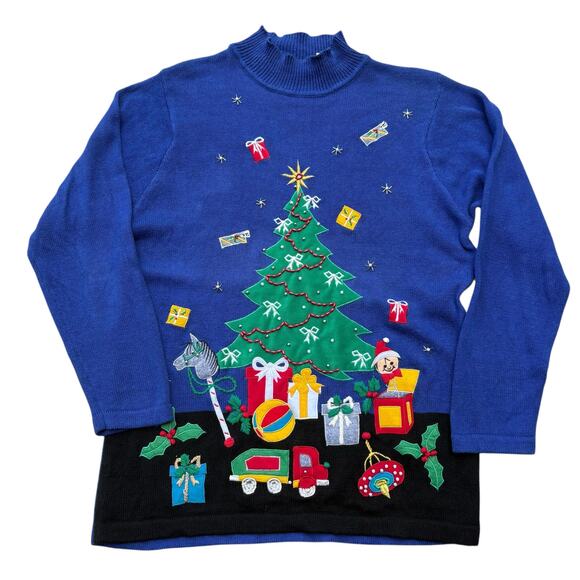 VTG Ugly Christmas Sweater Lg Blue Tree Presents Oversized Ramie Holiday Granny - Picture 4 of 11